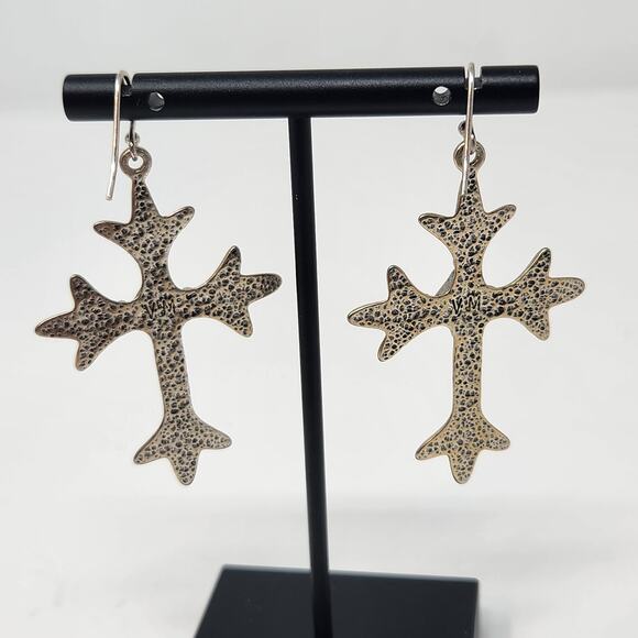 Cross Silver Tone Black Enamel Large Dangle Drop Hook Earrings Religious Jewelry - Picture 3 of 4